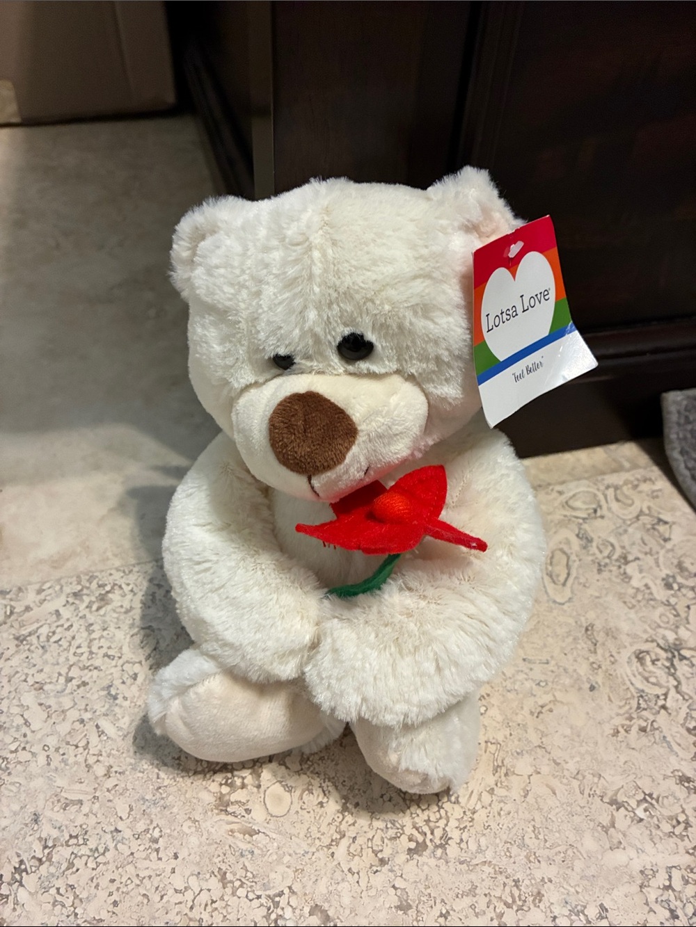 Cream Teddy Bear Plush with Red Flower